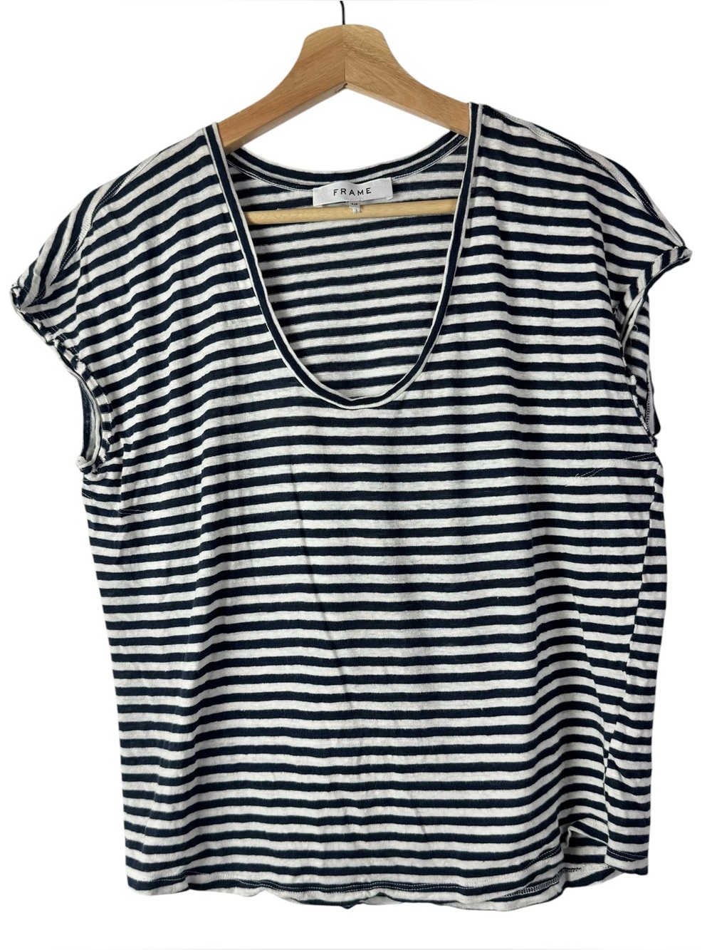 Frame Namu‎ Navy Blue Stripe Scoop Neck Linen Short Sleeve T-Shirt S